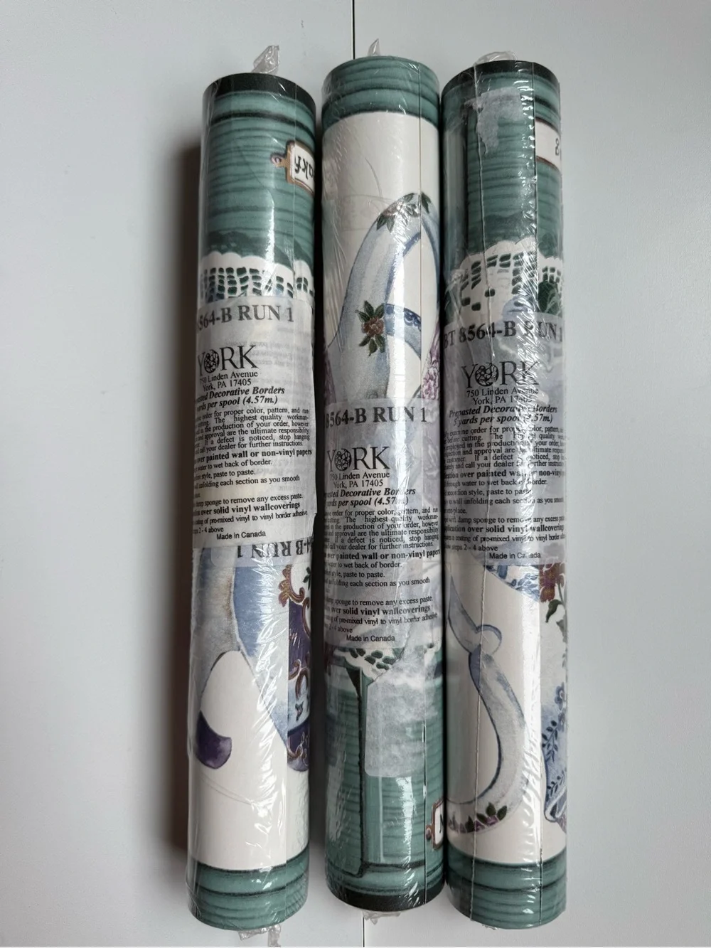 Vintage York Lot of 3 Wallpaper Border Rolls Tea Pot Them 15 Yards-Unopened